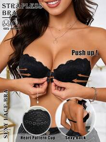 Women's Front-Clasp Lace Bandeau Bra, Floral Push-Up Underwire Strapless Bra, Non-Slip Invisible Backless Bra, Suitable For Dresses And Weddings - Black - View 1