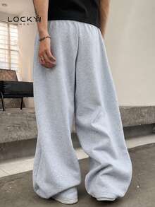 Men's Light Gray Loose Wide Leg Casual Pants, Drawstring Elastic Waist, Slouchy - Grey - View 2