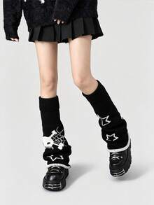 1 Pair Women's Y2K Gothic Style Knitted Wide Leg Leg Warmers, Winter Warm Leg Warmers - Black - View 5