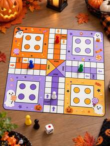 1pc Halloween Square Polyester Ludo Board Game Mat, Colorful 4-Player Game Board With Pumpkin, Ghost, Bat, Candy, Witch & Black Cat Prints, START/HOME Track Design, Includes 1 Bag Of Game Pieces, For Halloween Party & Family Games - Multicolor - View 6