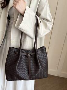 New Woven Texture Tote Bag For Women, Large Capacity Shoulder Bag, Minimalist Fashion Commuter Bag, Versatile Handbag - Coffee Brown - View 3