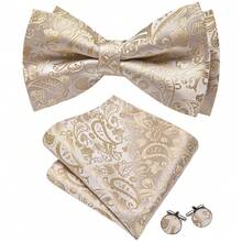 4Pcs Men Apricot Paisley Jacquard Bow Tie Pocket Square Cufflinks Brooch Set For Wedding Business Party - Apricot - View 5
