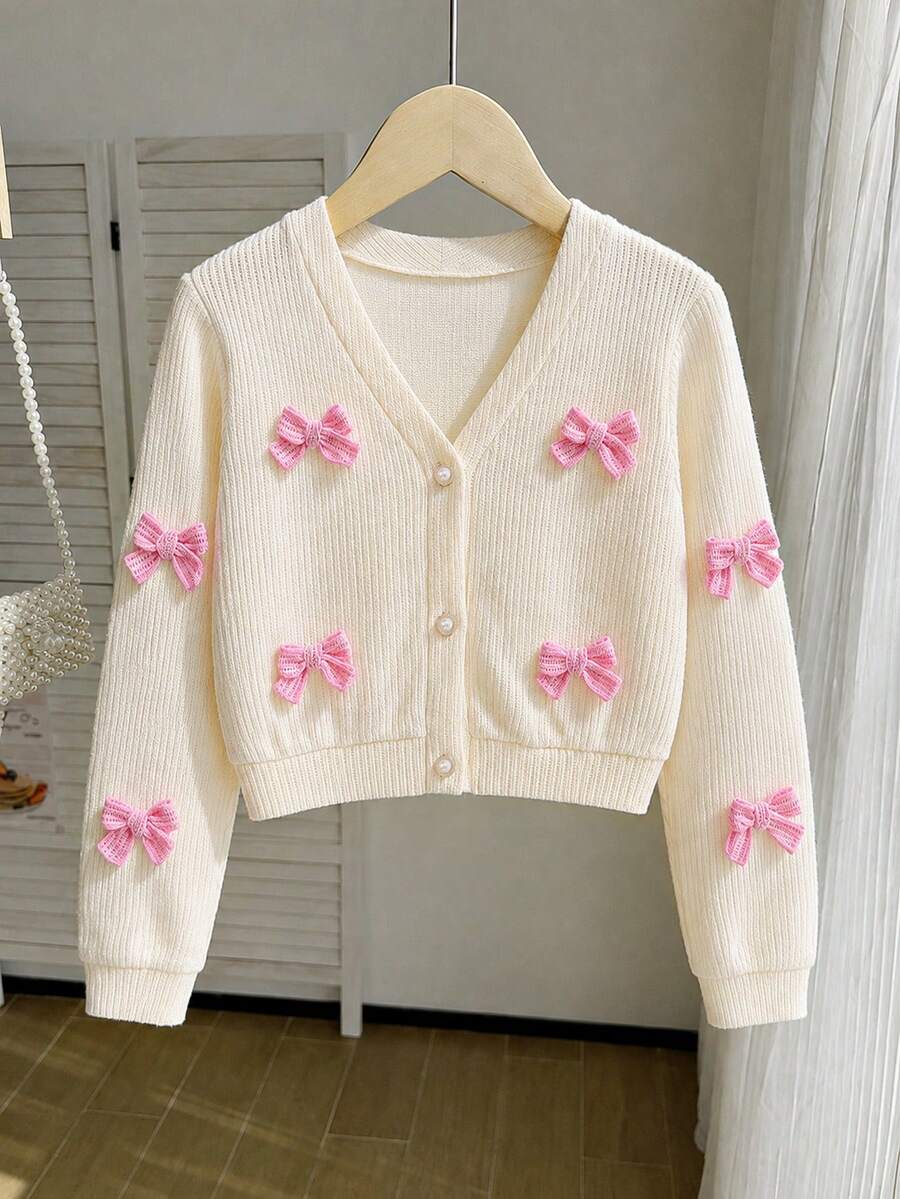 Autumn Girls' Fashion 3D Bow Cardigan, Sweet Minimalist Long Sleeve Top - Apricot - View 1