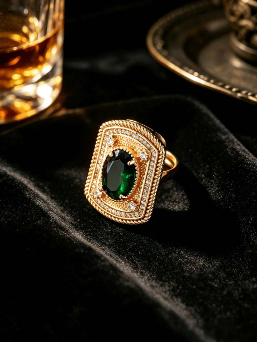 1pc Vintage Palace Style Copper Material Ladder Shield Shaped Densely Inlaid Rhinestones Emerald Main Stone Open Ring, Women's Evening Party Cocktail Annual Meeting Gala Dress Accessory - Multicolor - View 1
