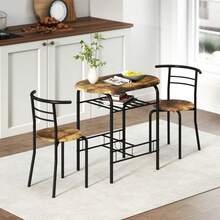 3-Piece Dining Table Set , Metal Frame Wood Top Breakfast Bar Table Set 2, Dining Table/Storage Shelf & 2 Chairs On-Site - Rustic Brown + Engineered Wood - View 4
