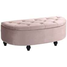 Velvet-Feel Half Circle Storage Ottoman - Dark On-Site - Pink + Rubberwood - View 1