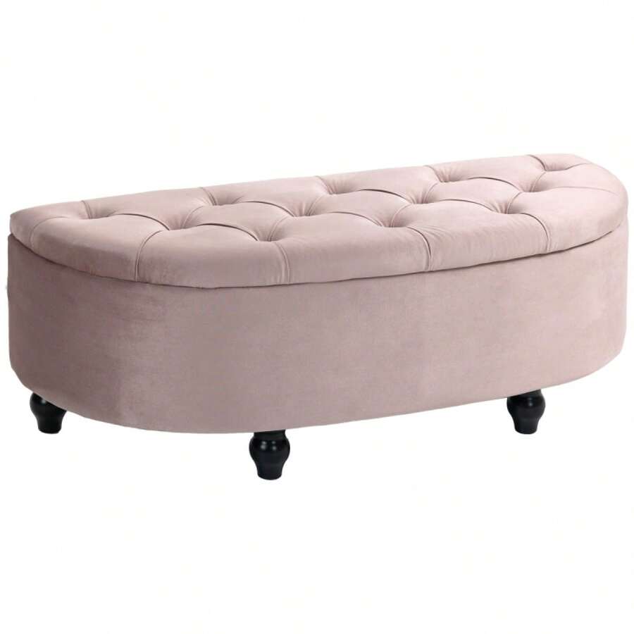 Velvet-Feel Half Circle Storage Ottoman - Dark On-Site - Pink + Rubberwood - View 1