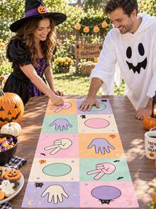 1pc Cute Halloween Polyester Hand And Foot Game Mat, Pastel Ghost, Black Cat, Pumpkin And Candy Print, Rock Paper Scissors Interactive Grid Floor Mat, For Halloween Party, Family Game, Classroom Activity And Indoor Decor - Multicolor - View 5
