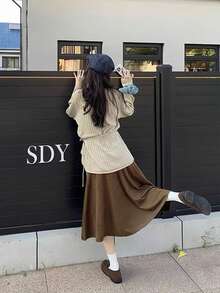 High Waist A-Line Pleated Asymmetrical Hem Mid-Length Women's Skirt - Brown - View 6