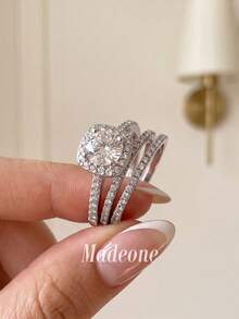 MADEONE 1組優雅3件式戒指組，鑲嵌白色鋯石，女性珠寶，基礎單枚戒指飾品，適合女孩生日、舞會、派對禮物 - 微鑲方包三套戒 - 查看 4