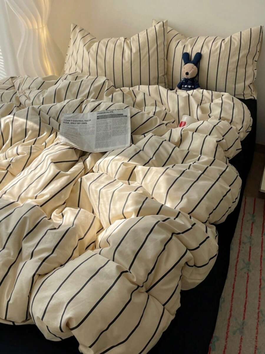 3 件套 100% 涤纶复古条纹羽绒被套套装，2 个枕套 + 1 个羽绒被套（无床单）