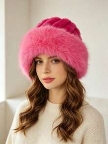 1pc Faux Mink Fur Ribbed Bucket Hat For Women, Winter Warm Ear Protection Fashion Hat, Thickened Cold-Proof Hat, Suitable For Autumn/Winter Seasonal Wear, Fashionable New Style - Vertical Stripe Style - View 7