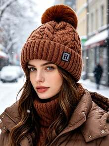 1pc Women's Autumn/Winter Pom Pom Knit Hat, Fashionable Versatile Windproof Warm Woolen Beanie, Suitable For Daily Outdoor Cold Weather Wear - Multicolor - View 12