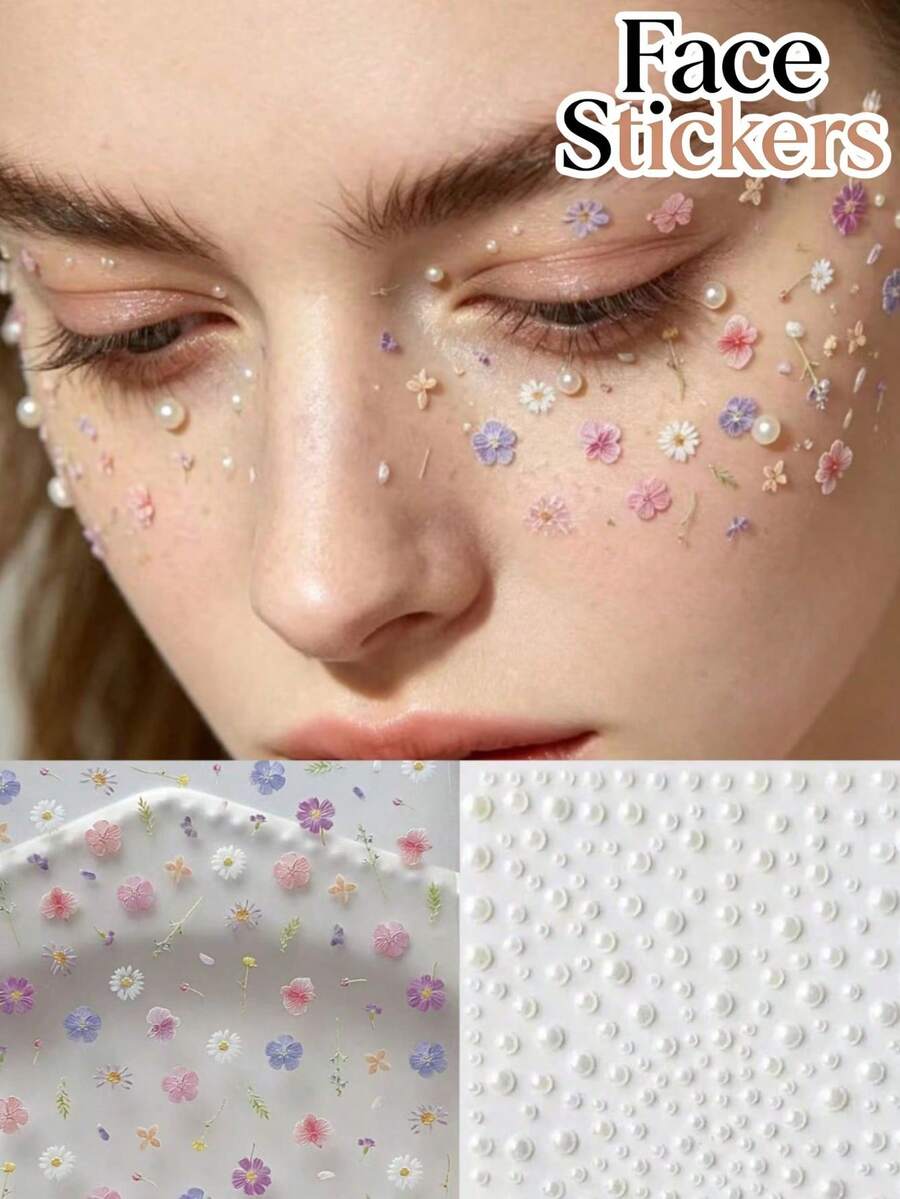 1pc Spring Limited Edition Floral Makeup Sticker Set! Featuring A Sheer Base Makeup And Soft Purple Floral Stickers, With Pearl Accents Around The Eyes And Cheeks To Create A Blooming Spring Garden Look. Not Overly Complicated, The Perfect Touch Of Delicate And Ethereal Accents For A Romantic And Eye-Catching Look, Suitable For Photoshoots, Parties, And Everyday Wear., Aesthetic - Multicolor - View 1