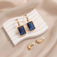 1 Pair Fashionable Vintage Luxury Multi-Color Sparkling Rectangular Rhinestone Dangle Earrings With Long Ear Backs, Elegant Jewelry - Earrings - View 3