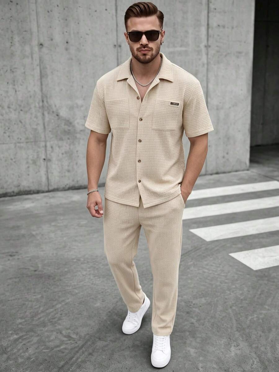 Men's Light Business Casual 2-Piece Set, Summer Short Sleeve Resin Button Lapel Shirt And Elastic Drawstring Long Pants, Solid Color Textured Bread Check Polyester Fabric, 3D Plaid Double Pockets + Signature Small Label, Home & Outdoor Wear