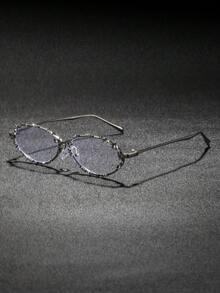 1 Pair Men's Full Frame Silver Oval Rhinestone Embellished Plano Glasses, Luxurious Eye-Catching Exquisite Sophisticated Fashionable Eyewear, Suitable For High-End Business And Social Occasions - Clear - View 3