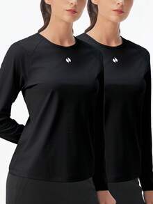 HOTSUIT 2pcs/Set Women's Knitted Long Sleeve Sauna Shirts, Slim Fit Fitness Tops, Suitable For Sports Training And Spring Daily Wear - Black - View 6