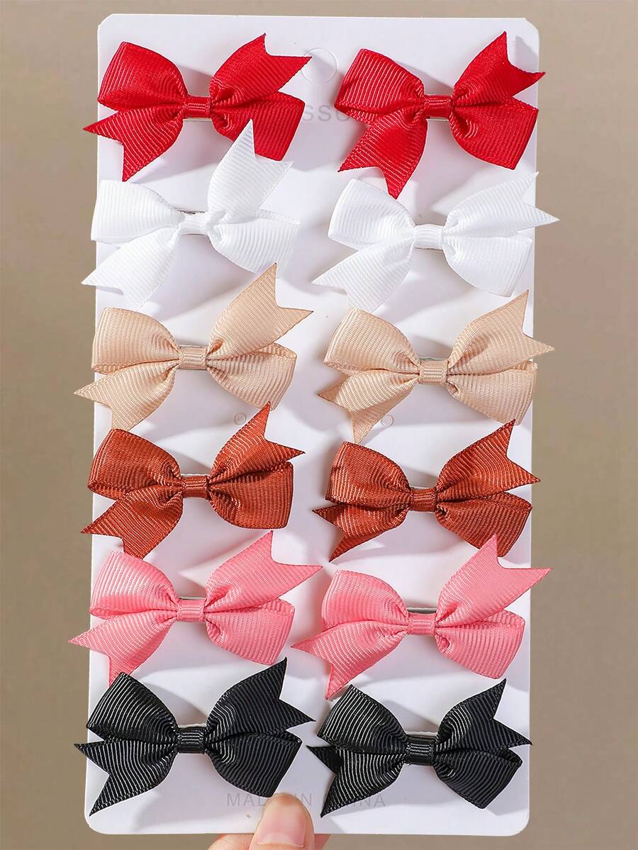 12pcs Girls Multicolor Ribbed Fabric Bow Hair Clips, Versatile Bangs Back Side Hair Clips, Hair Accessories For Daily Wear - Multicolor - View 1