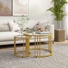 Round Coffee Tables Set Of 2, Nesting Tables With Tempered Glass Top And Steel Frame, Black On-Site - Gold + Steel - View 2