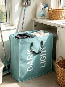 Giỏ phân loại quần áo giặt 2 ngăn, 23x53x53cm, vải Oxford gấp gọn với tay cầm nhôm, chia màu sáng và tối để lưu trữ quần áo bẩn, phù hợp cho phòng tắm, phòng ngủ, phòng giặt - Màu xanh nhạt - Xem 1