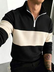 Men's Autumn/Winter Fashion Classic Patchwork Zip-Up Sweatshirt, Outdoor Casual Everyday Wear - Black - View 3