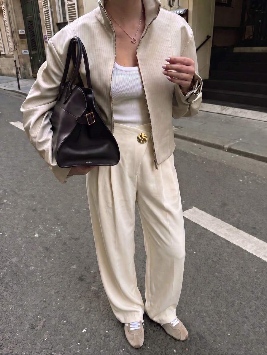 Women's Polyester Wide Leg Pants, Non-Stretch, Suitable For Autumn Bottoms - Apricot - View 1