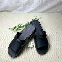 Men's Black Faux Leather One-Strap Slides With Metallic Buckle, Flat Bottom Casual Sandals For Daily Wear And Home Use - Black - View 6