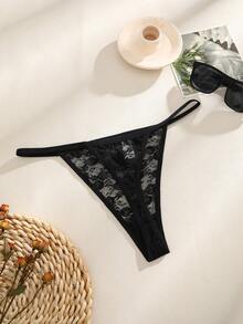 1pc Women's Sexy Floral Lace G-String Panties Lingerie - Black - View 3