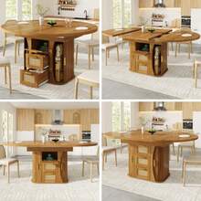 Extendable Dining Table 118-158cm, Dining Table With Rattan Storage Drawers, MDF Wood Look, Black & Natural Oak Style - Brown - View 9