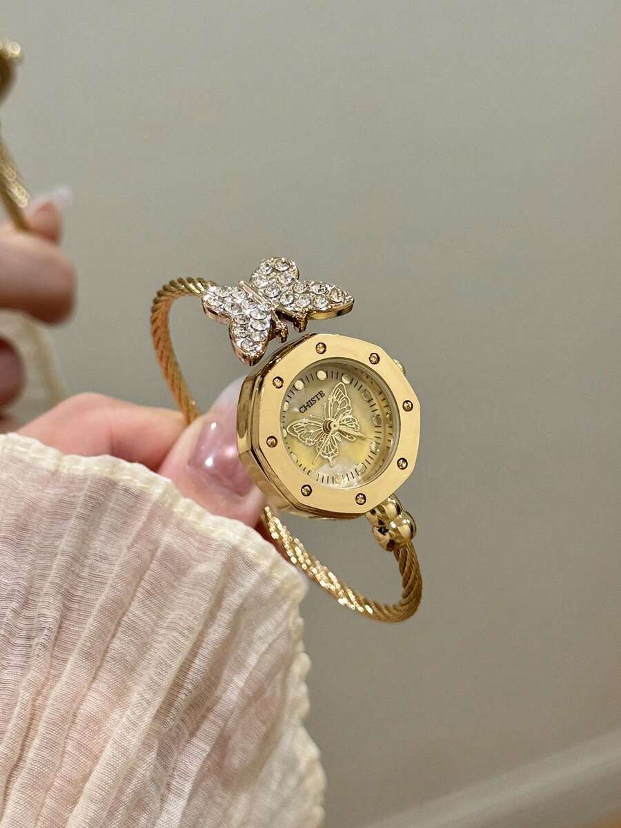 1件經典金色八角形女款石英手錶,蝴蝶裝飾,金色錶帶,開口手鐲設計,適合日常佩戴與送禮 - 金色 - 查看 1