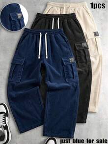 Men's New Casual Cargo Pants, Loose Straight Leg Design, Adjustable Drawstring Waist, Side Pockets, Suitable For Streetwear And Outdoor Activities, Corduroy Fabric - Light Grey - View 1