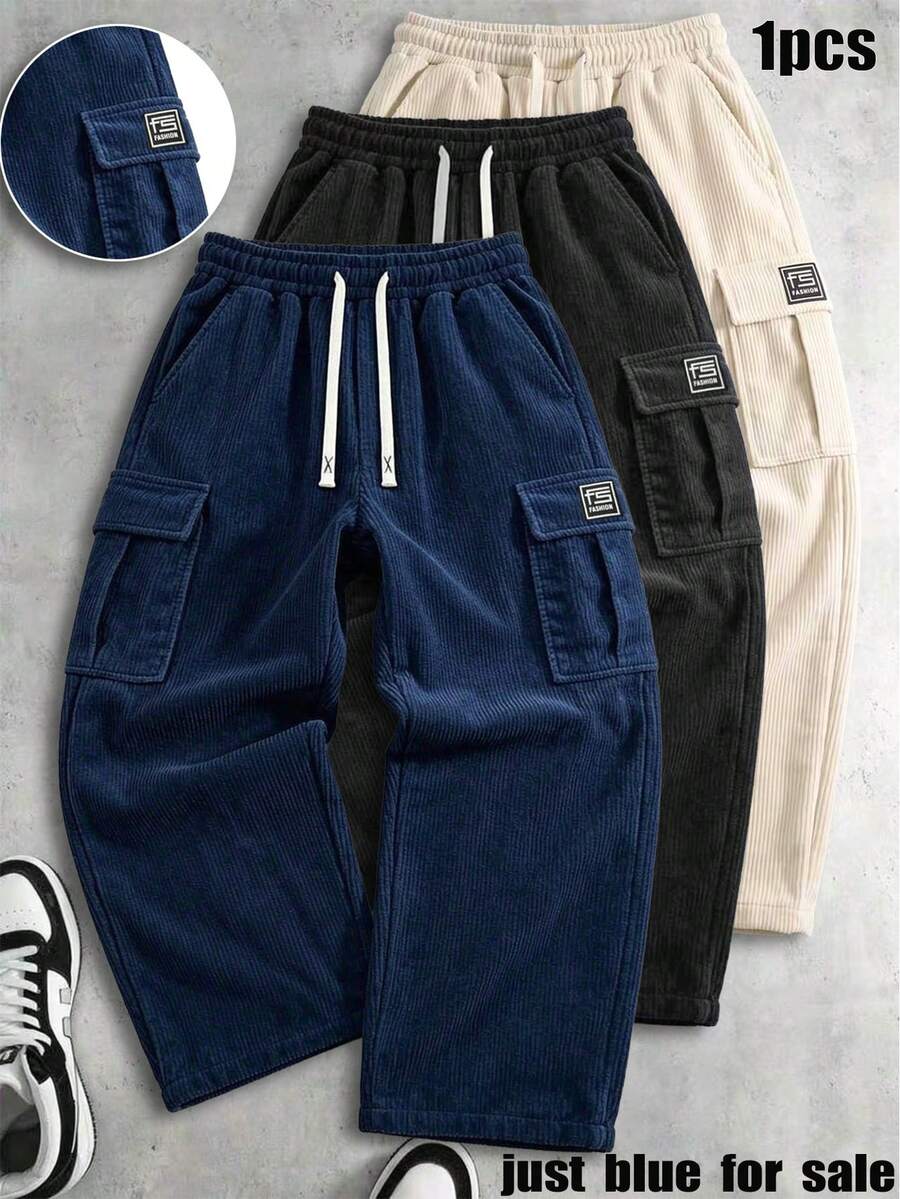 Men's New Casual Cargo Pants, Loose Straight Leg Design, Adjustable Drawstring Waist, Side Pockets, Suitable For Streetwear And Outdoor Activities, Corduroy Fabric - Light Grey - View 1