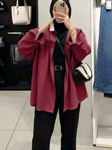 Women's Casual Solid Color Button-Down Long Sleeve Shirt, Elegant Blouse Suitable For Spring, Autumn And Winter Fall - Burgundy - View 1