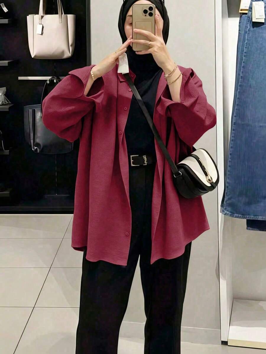 Women's Casual Solid Color Button-Down Long Sleeve Shirt, Elegant Blouse Suitable For Spring, Autumn And Winter Fall - Burgundy - View 1