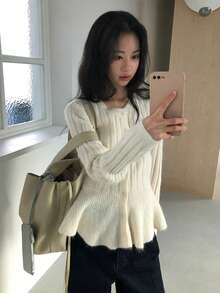 Women's Solid Color Long Sleeve Flared Hem Soft Knit Cardigan - White - View 5