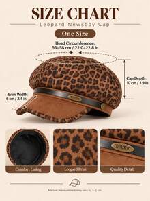 1pc Leopard Print Beret Hat Women American Vintage Octagonal Cap Large Head Circumference Face-Flattering - A - View 5