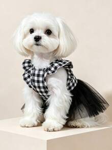 1 Set Cute Fashion Plaid Print Pet Dress With Bow Tie, Elastic Tulle Princess Wedding Gown For Dogs And Cats - Multicolor - View 6