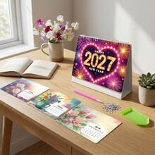2027 Diamond Painting Set, Floral & Butterfly Pattern + New Year Fireworks Cover Desk Calendar, Mosaic Handmade, Spiral Bound Paper Material, Suitable For Home Learning & Office Supplies, Ideal For DIY Beginners - A - View 3