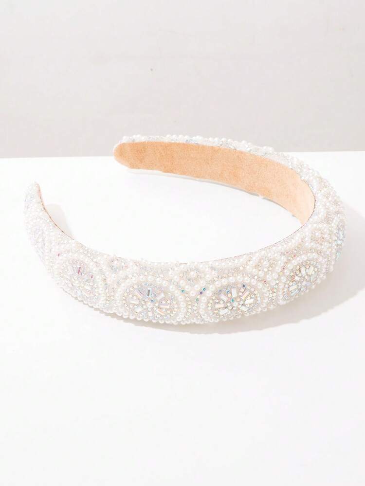 1pc Korean Fashion Gemstone & Pearl Geometric Pattern Wide Headband, Shiny Elegant Versatile Hair Accessory For Women, Suitable For Shopping And Dating (Random Colored Gemstones) - FG1683-aB - View 3