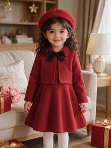 2pcs Young Girl Short Jacket And Pinafore Dress Set With Bow Beret, Fall/Winter - Red - View 2