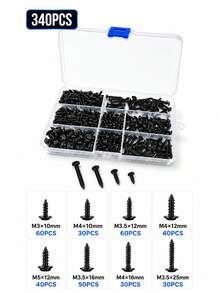 340PCS Black Cross Head Self-Tapping Screw Assortment Kit With Flat Washers, Multi-Size Round Head Screws In Storage Box For Wood, Plastic, Soft Metal, Furniture And DIY Repairs - A - View 2