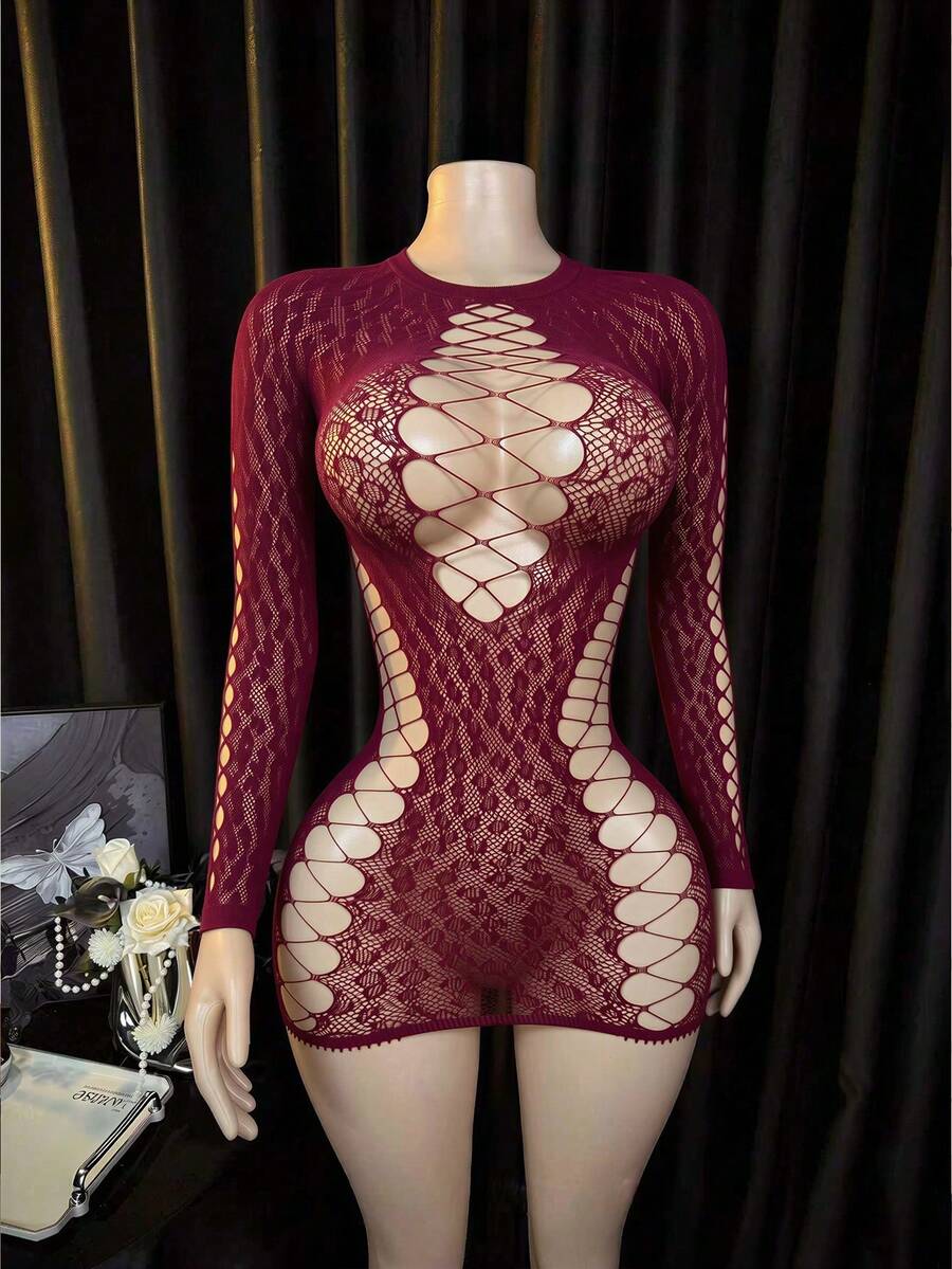 內衣套裝/角色扮演服裝連身衣襯衫長袖內衣罩衫比基尼罩衫 - 酒紅色 - 查看 1