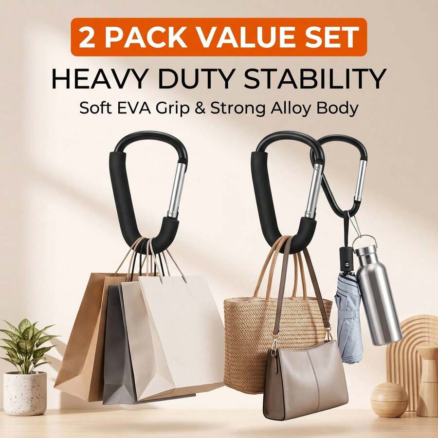 2PCS Nordic-Style Multi-Purpose Car Hook, Carabiner With Soft Sponge Handle, Heavy-Duty Universal Hook For Stroller, Pram, Shopping Cart, Hanging Bags, Groceries, Reduce Hand Strain, Portable, Space Saving, Easy Install, Mother's Day Gift - Multicolor - View 1