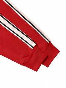 Kolrap Men's Black 2 Pieces Set Side Stripe Zipper Hoodie + Drawstring Straight Leg Sweatpants Outfit, Men's Streetwear Style Black Stripe Detail Hoodie & Pants Set, Casual Home Wear, Sporty Zip-Up Hoodie Jogger Pants Set, Fitness Running Training Clothes, Casual Sports Outfit, Men's 2 Pieces Outfit - Red - View 6