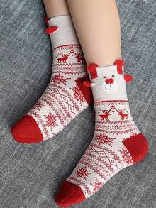 6 Pairs Women's Christmas Santa, Snowman, Reindeer Red Mid-Calf Socks, Suitable For Christmas Outfit - Multicolor - View 5