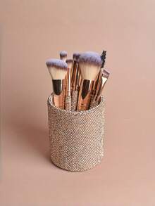 9pcs Rhinestone Makeup Brush Set, Includes Foundation, Contour, Eyeshadow, Brow Brushes And Storage Cup, Suitable For Travel, Date, Party, Photo, Daily Makeup, Full Rhinestone Handle With Soft Bristles, Portable Makeup Set, Shiny Makeup Essential - Multicolor - View 3