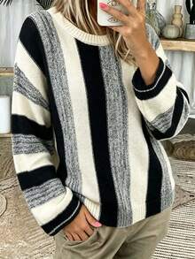 Plus Size Casual Fashion Black & White Striped Colorblock Crew Neck Long Sleeve Knit Sweater - Black and White - View 2