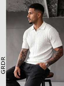 GRDR Men's Casual Summer Turn Collar Minimalist Colorblock Knit Short Sleeve Top - Essential - White - View 3
