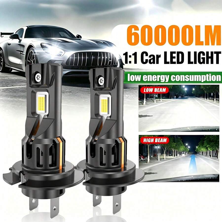 Heyword 2pcs H7 Car LED Headlights High Power 1:1 Mini Size Super Bright Plug & Play Car Headlight Bulbs 6000K With Fan, No Battery